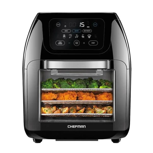 FRYERS Chefman Multifuncional Fryer Digital Air+ Rotisserie, Fry, Bake Roast, 17 Predefinições, XL 10L, Black