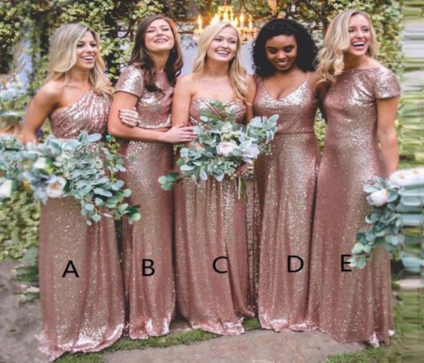 2019 Country Rose Gold lantejas de damas de honra Vestidos Mistos Mistos Uma linha Linha sem costas comprimento de Honra Duns Garden Weddings B5704197