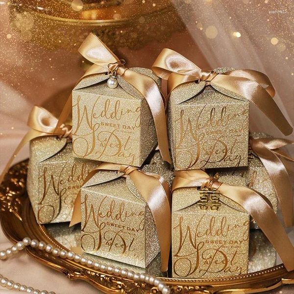 Geschenkverpackung Hochzeit Candy Box Chocolate Treat Paper Boxen mit Bändern Pearl Glitter Verpackungstaschen exquisite Gefälligkeiten für Gäste