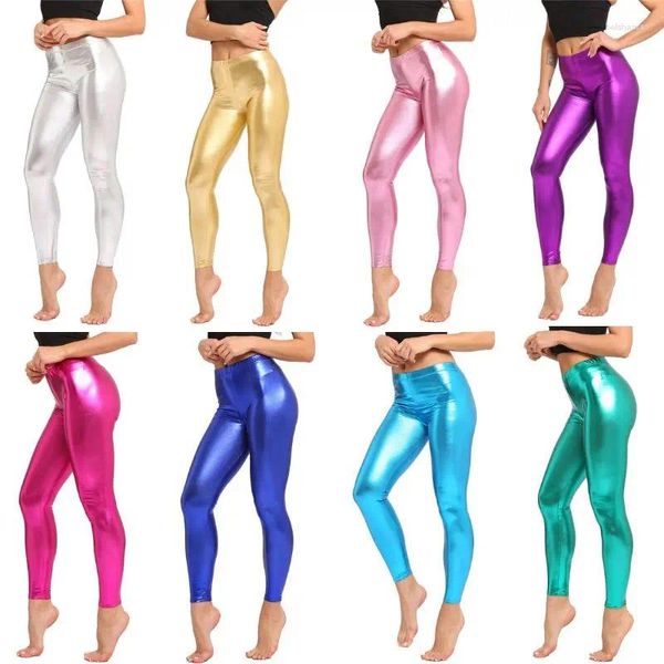 Damen -Leggings Metallic Color PU Frauen glänzende Legging Lederhose Süßigkeiten Training lässig Jeggings Tanzparty Hose