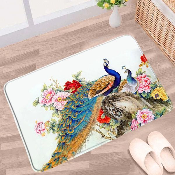Tappetini da bagno con portetto di pavoni da bagno tappetino da bagno in stile cinese pianta floreale peonia uccello uccello antiscivolo tappeto piastrellato cucina tappeti