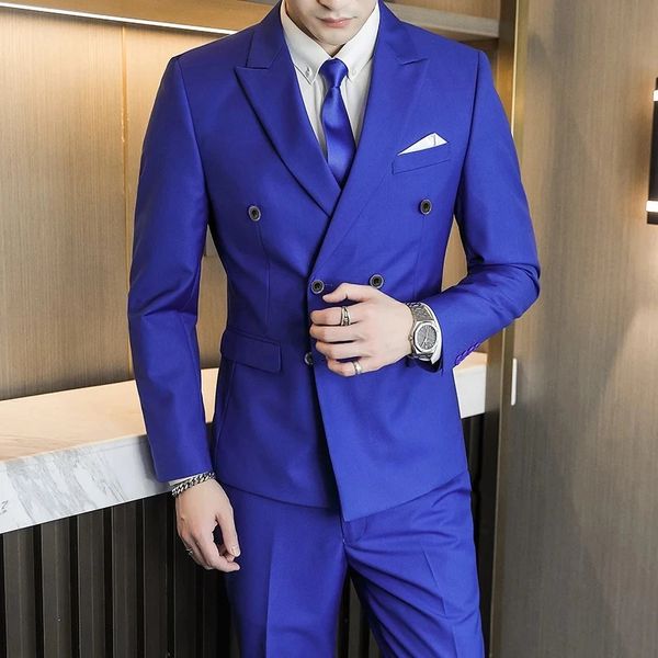 Fashion Mens Casual Business a doppio petto da 2 pezzi set maschio Slim Colore Solid Blazer Wedding Blazer Pants Coat 240412