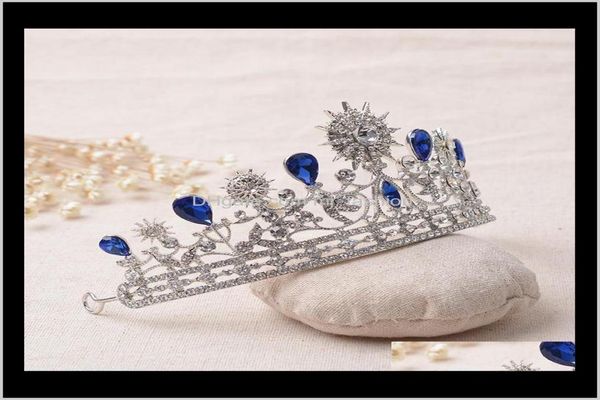 JewelryLuxury Zarif Mavi Rhinestone Gelin Kristal Düğün Quinceanera Tiaras ve Taçlar Pageant Tiara Saç Mücevheratları DR4427644