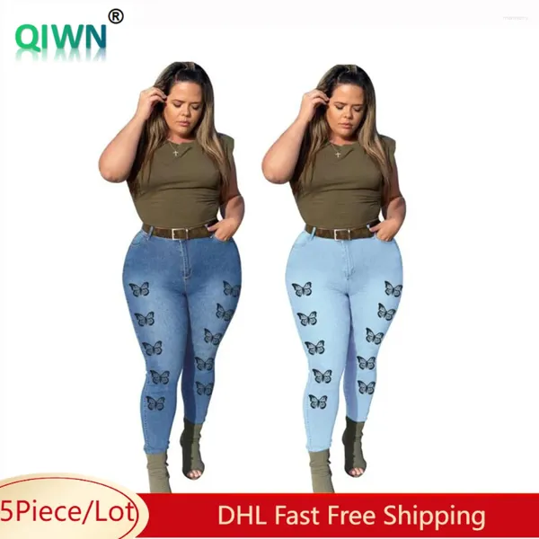 Jeans femminile 5 pezzi oggetti sfusi Bulk Wholesale Women Butterfly Stampa ad alta vita Pantaloni a mazza denim in denim Casual Slimt Fit 8225