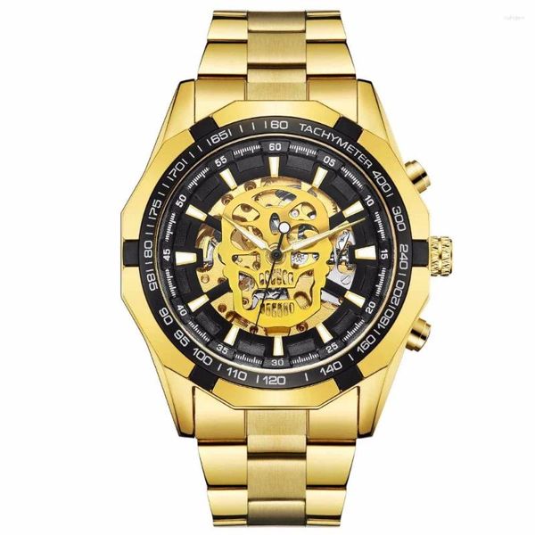 Armbanduhr Mode Schädel Uhren Männer Luxus Golden Edelstahl Automatisch Selbstwind Mechanische Uhr Skelett Relogio Maskulino