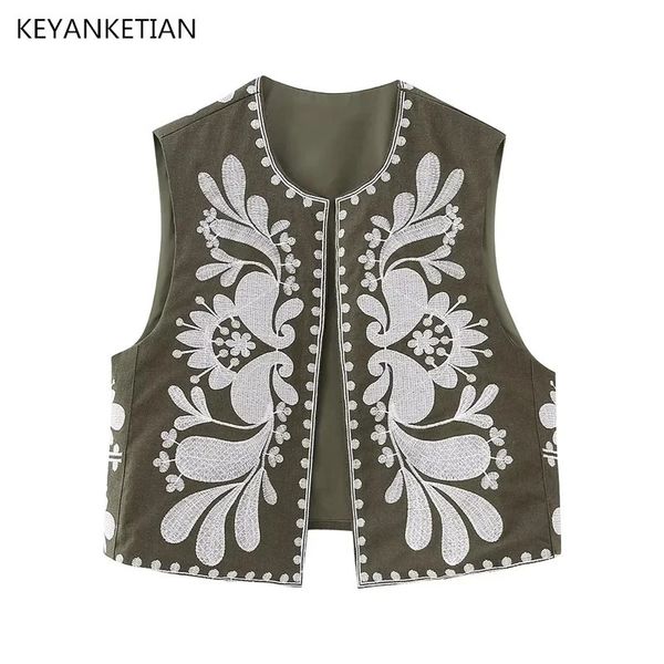 Keyanketian Summer Floral Bordado desabotoado de colete tribal Mulheres étnicas de estilo fino com estilo curto de estilo fino 240412