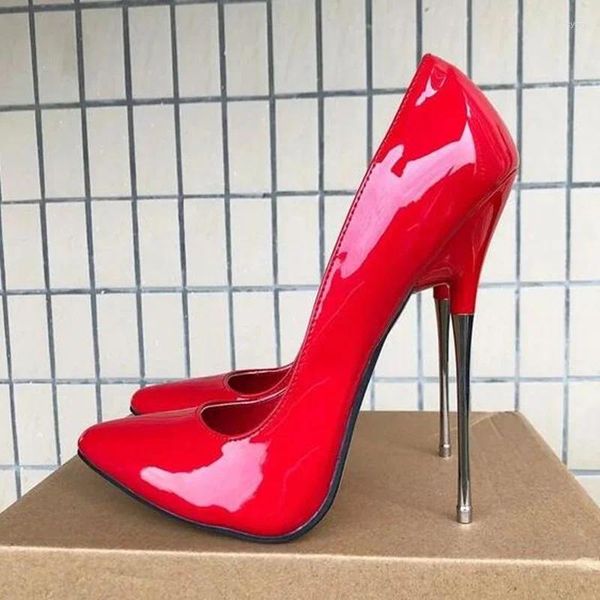 Elbise ayakkabıları seksi metal stiletto topuklu kadınlar pompalar 16cm 13cm patent deri sivri ayak parmağı katı kulüp akşam kırmızı mor sarı