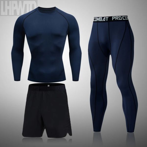 Roupa íntima nova camiseta de corrida masculina + shorts inferiores 3 PC Sport Suit Gym Desgas