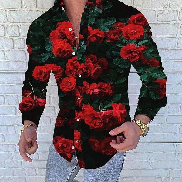 Camisa casual de camisa masculina padrão floral elfo azul rosa de alta qualidade folhas impressas estilista de moda de lapela 2024 top cat.