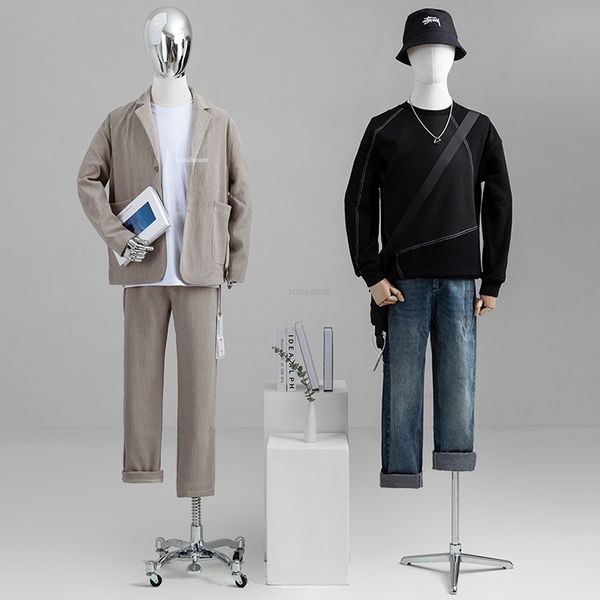 Mannequins de janela de meio comprimento macho de meio comprimento os adereços masculinos de eletroplicar os adereços do Stand Stand Dummy Full-Body Mannequin com Cabeça de Prata