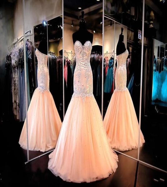 2018 sexy Abendkleider tragen Schatz Kristallperlen Meerjungfrau Pfirsich Tüll Lange Korsett Rücken formale Vestidos billige Prom -Party 9453791