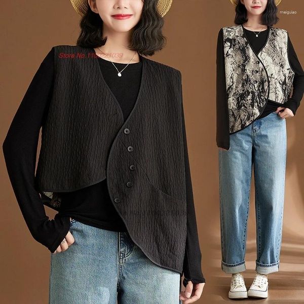 Ethnische Kleidung 2024 National Blumendruckweste Chinesische Vintage Hanfu Tops Orientalische doppelseitige Verschleiß ärmellose Jacke Tang Anzug