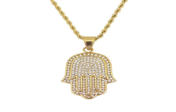Хип -хоп хэмса бриллианты подвесные ожерелья для мужчин Женщины Рука Фатима Амулет Этническое роскошное ожерелье из нержавеющей стали кубинские сети J9855355