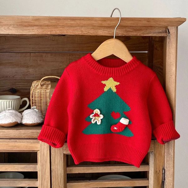 New Boys Christmas Sweater Outono Winter Christmas Tree Baby Girl's Sweater Jacquard Pullover Sweater Tops Tops Presente de Ano Novo