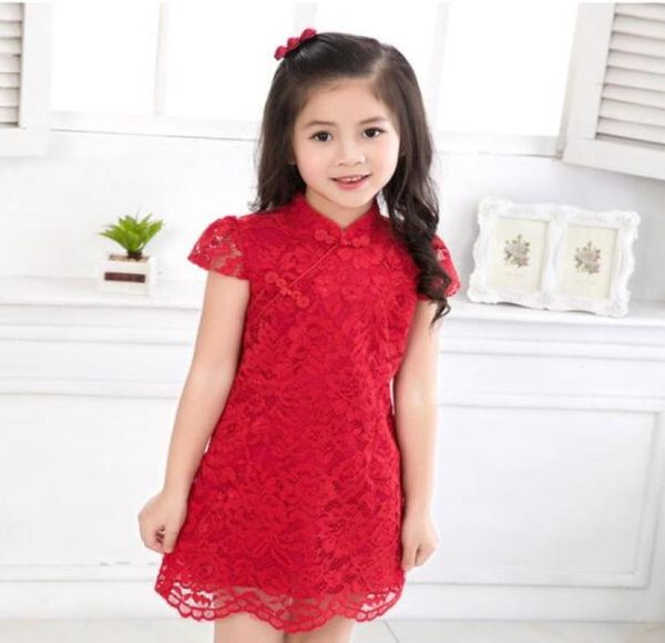 Nuovo arrivo in stile cinese estivo tradizionale tradizionale pizzo rosso Cheongsam Qipao Dreeves Dreeves for Girls Kids Kids Princess Abites7412524