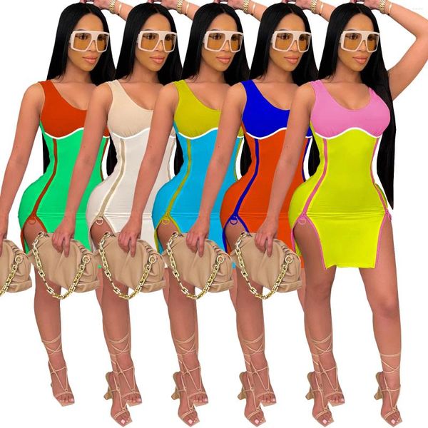 Lässige Kleider Skmy Women Clothing Modes Patchwork gedruckte Kontrast Farbe Doppelzipper Split Bodycon Kleid sexy Nachtclub -Outfit Sommer