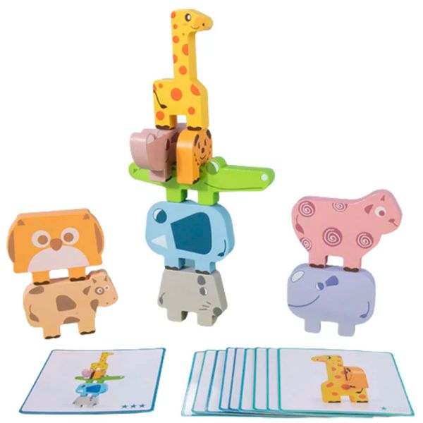 Деревянные животные укладки блок -игр, соответствующая балансу головоломки, игрушка Montessori Fine Motor Training Образовательные игрушки для детей