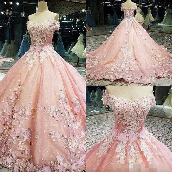 Pembe quinceanera elbiseler en yeni 3d çiçek aplike el yapımı çiçekler omuzdan boncuklu kısa kollu balo balo resmi akşam elbisesi