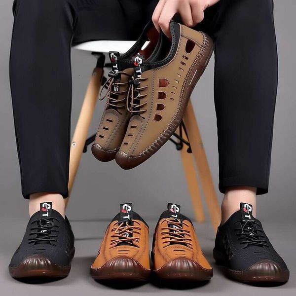 Summer novos sapatos de couro respirável oco para homens de um passo casual versátil solo solo solo