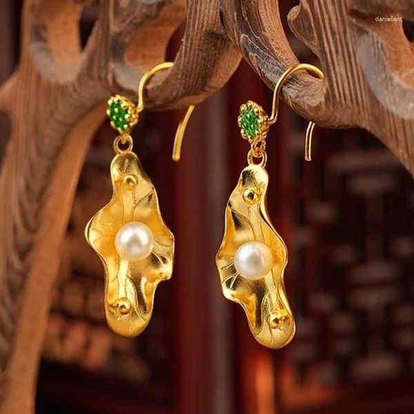 Dangle Ohrringe 3d Elegant 14k Perle Gold Farbe Lotus Blatt Hochzeit Engagement reiner langer Tropfen Fein Schmuck Geschenke