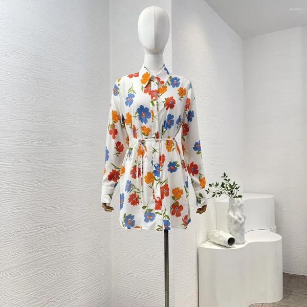 Lässige Kleider 2024 Frühling hochwertige weiße Blumen Druck Langarmgürtel Button Hemd Süße Frauen Mini Kleid