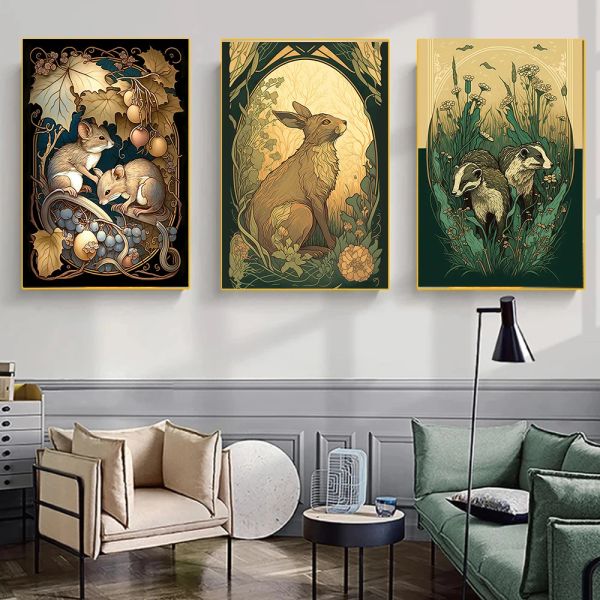 Cavo vintage Cavo Deer Fox Mouse Wildlife Tela Stampato Poster murale Animali retrò Animali Wall Art Soggio