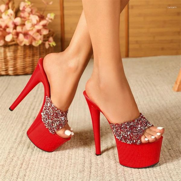 Slippers 2024 Black Red High Heels Platform Women Summer Fashion Sequined PVC Прозрачные сандалии сексуальные пейп -стриптизерши