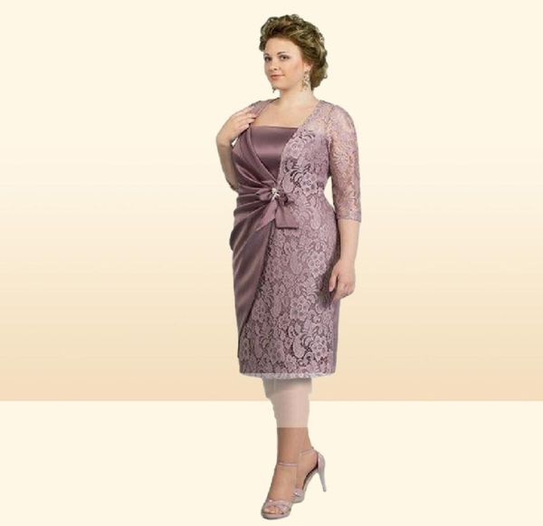 Elegante Straight Dusty Purple Mutter der Braut Kleider Knie Länge Spitze Satin Gäste Hochzeitsfeier Kleider Plus Größe Kurzer Bräutigam M7598119