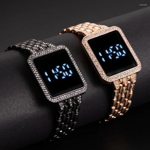 Relógios de pulso Luxo Reth Rhinestone Watch for Women Straia de toque simples Moda de aço de aço de aço, damas de ouro rosa