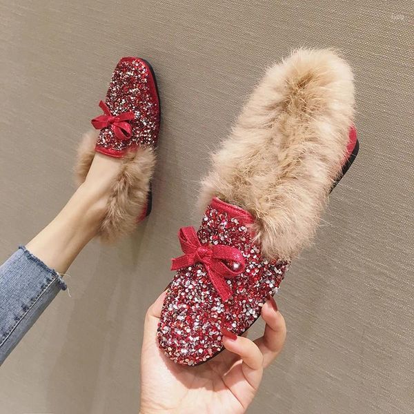 Повседневная обувь Bowknot Glitter Свадебная мех квартира Женщины Espadrilles Plus Size35-41 Bling Ballerina Square Pailette Palush Moccasins2024