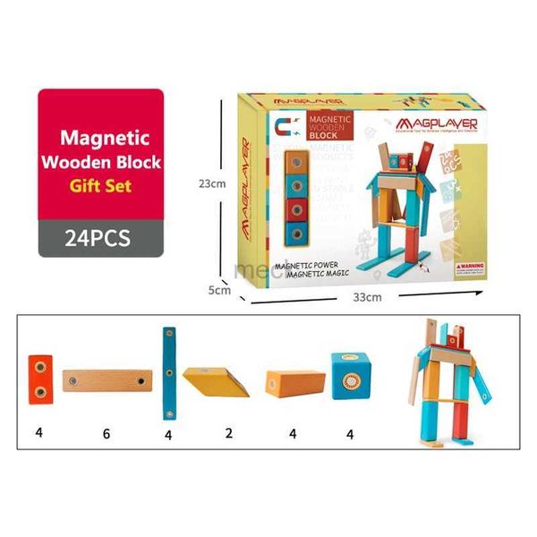 Dekompressionsspielzeug 1Set Magnetic Holzblöcke Spielzeug 24 -pcs Holzbausteine Konstruktion Set Kinder Montessori Bildungsspielzeug für Kindergeschenke 240413