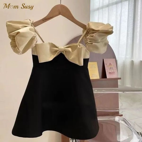 Fashion Baby Girl Princess Big Bow Dress Off Wak Toddler Teens Girl Summer Vestitido Patchwork Cesto per bambini 2-14y 240329