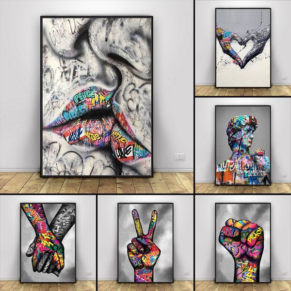 Уличный граффити абстрактный настенный художественный плакат жесты любви сердца Дэвид Либы роспись современный домашний декор холст рисовать картины принты