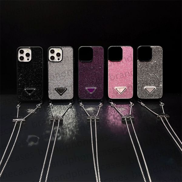Bling Glitter Phone Case Tasarımcı İPhone 15 Pro 15 Pro Max 14 Pro 13 Vaka Temiz Glitter Ren Taş Kılıfı Bling Shiney Crossbody Omuz Kayışı Kapağı
