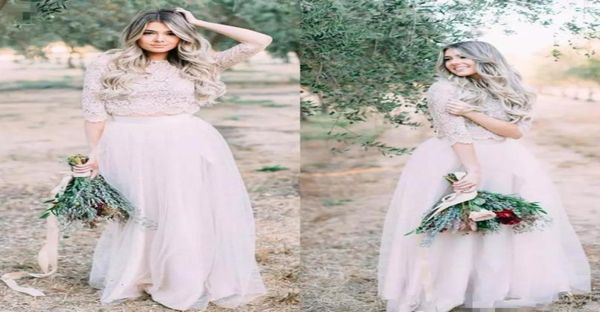 Abiti da sposa a due pezzi a buon mercato maniche corte Illusione Applicata scollatura in pizzo Tulle Vintage Boho Bridal Bowns Beach Bohemian Plus4205798