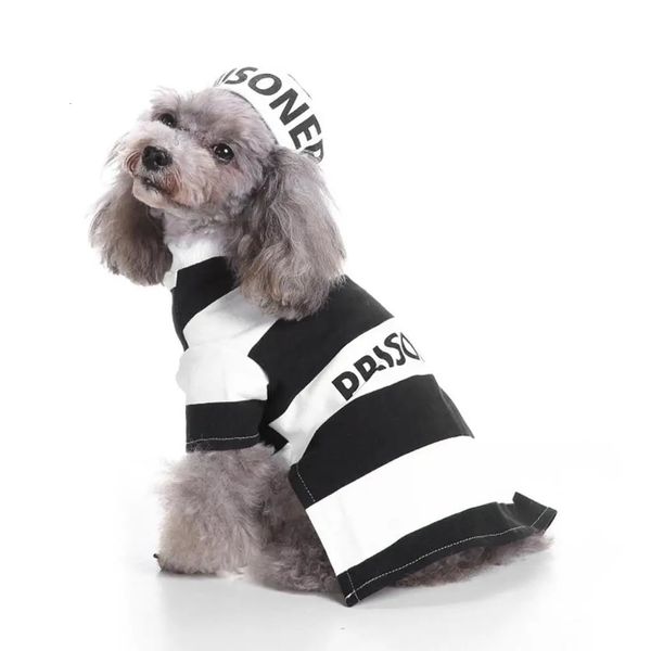 Costume da prigioniero per animali domestici con cappello Halloween Stripe Pattern WearSistening Dog Abito da cane Abbigliamento a strisce Favori Abiti 240402