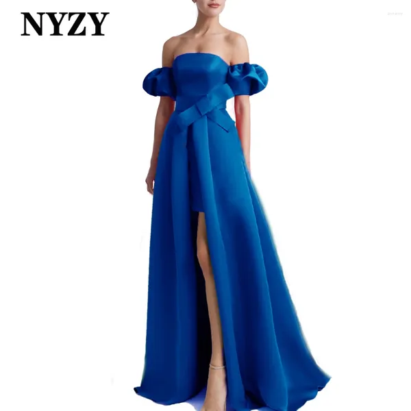 Vestidos de festa Nyzy P152C Cetim do ombro azul alto Alto noite elegante 2024 vestidos de baile