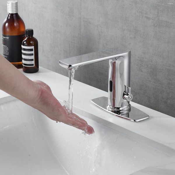 Waschbecken Wasserhähne automatischer Sensor berührungsloser Wasserhahn mit Lochabdeckungsplatte Chrom Eitelkeit Hände Frei Wasserhahn