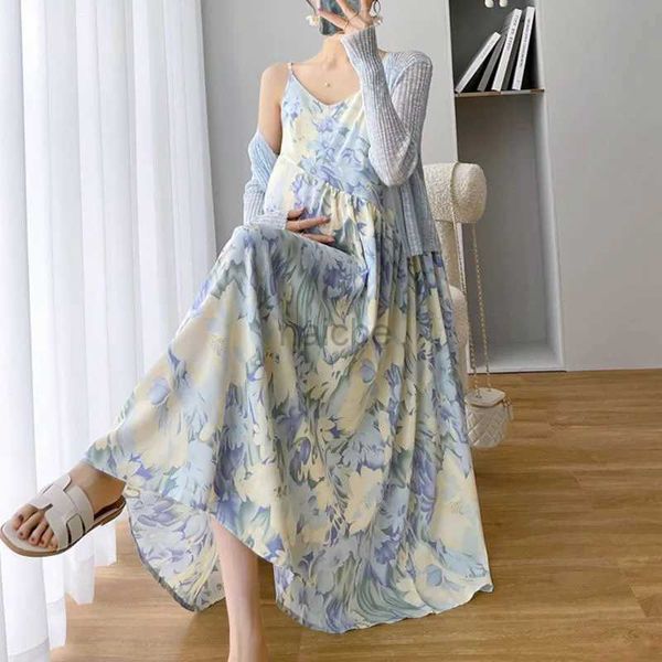 Mutterschaftskleider Umstandskleider Anzug 2023 Sommer französische elegante Kleidung für schwangere Frauen Mode Chiffon Kleid + Mantel Lady Schwangerschaftskleid 240412