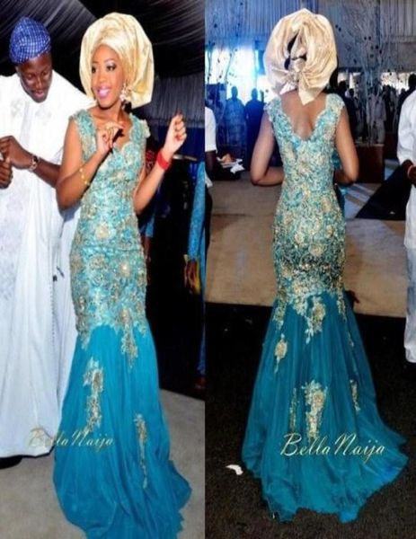 Vestidos de noiva tradicionais de sereia sexy de sereia azul vneck gold apliques de tule tule sweep nigeria vestidos de noivas 7588003