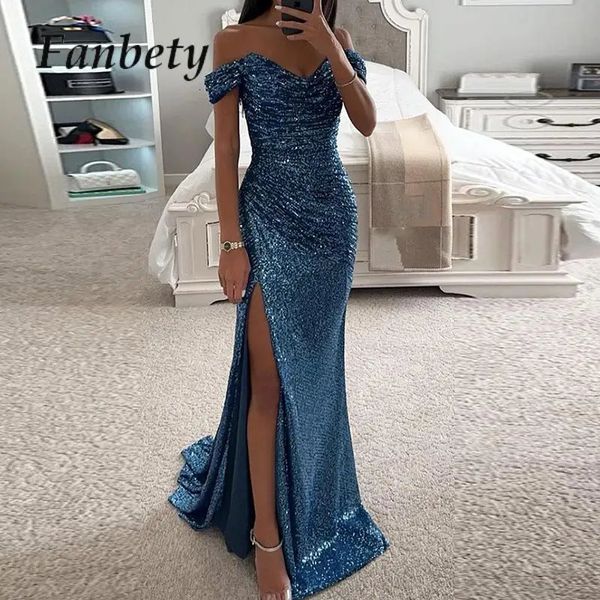 Donne Cocktail ad alta fessura eleganti vestito da donna per la signora banchetto sottile paillettes maxi sexy slash collo glitter lunghezza 240401