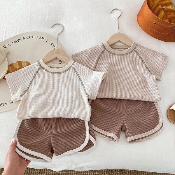 Kleidungssets 2024 Sommer Baby Set kurzärmeliges T-Shirt und lange Hosen 2-teiliger Jungen Mädchen Baumwolle Huafu Grid