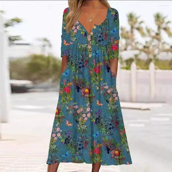 Partykleider bedrucktes langes Kleid floraler Druck A-Line Midi mit Seitentaschen Sommer Falten o Halsknopf Kurzarm Strand