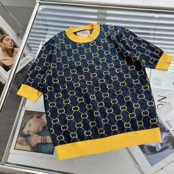 Designer suéter feminino verão nova carta jacquard manga curta fios de ouro contraste camisa de malha na moda e na moda