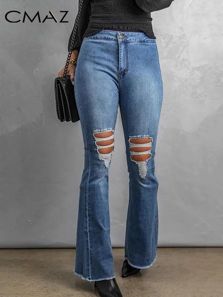 Jeans femminile cmaz lavati pantaloni bagliori a vita strappato 2024 Summer Blue Skinny Full Lungove Parelli da donna casual LC782869