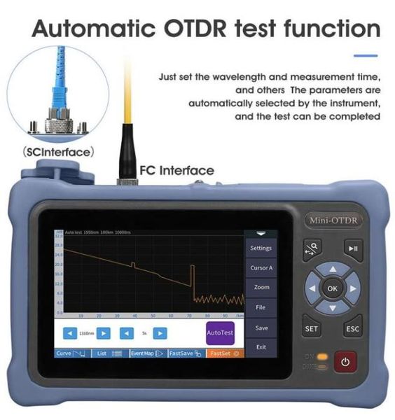 Em 1 100km Mini OTDR 13101550nm 2624dB Refletetrô de fibra óptica Tocal VFL OPM Mapa de eventos Ethernet Testador de cabo Equipm76664896