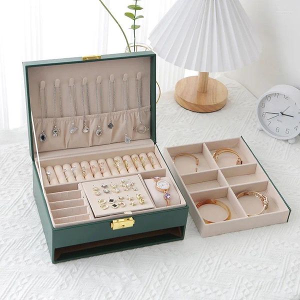 Aufbewahrungsboxen Schmuck Organizer Display Reise Schmuckkoffer tragbarer Box Pu Ohrringhalter