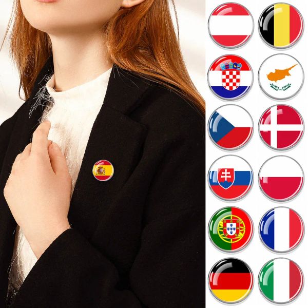 EU Country National Flag Pin Brosche Glas Dome Metallstifte Spanien Polen Deutschland Frankreich Flaggen Broschen für Frauen Männer Schmuck Geschenk