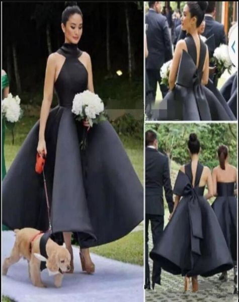 Платья для подружки невесты 2019 года с большим луком сексуально спинковые черные платья.