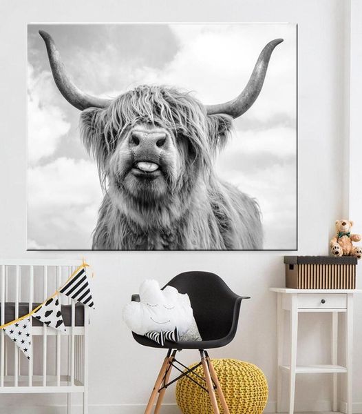 Black White Highland Vac Cattle Cattle Art Art Nordic Poster e impressão Impressão da parede escandinava para sala de estar 3906320